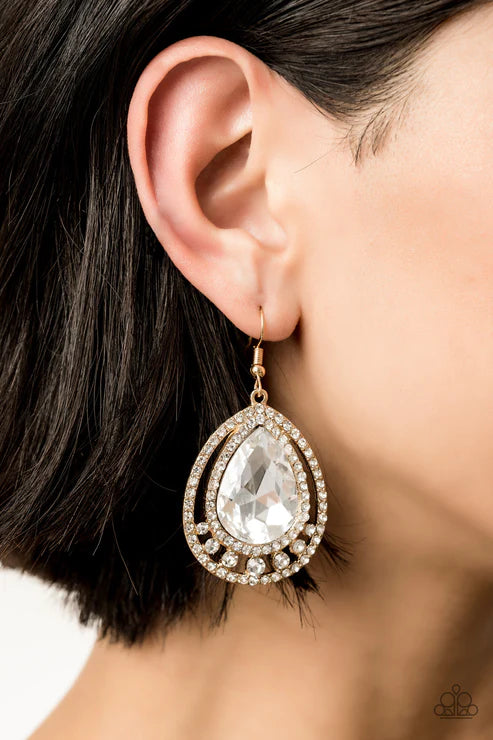 All Rise For Her Majesty - Oversized Gold Doubled Nestled Encrusted Teardrop Earrings E#2903