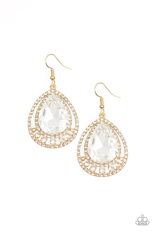 All Rise For Her Majesty - Oversized Gold Doubled Nestled Encrusted Teardrop Earrings E#2903