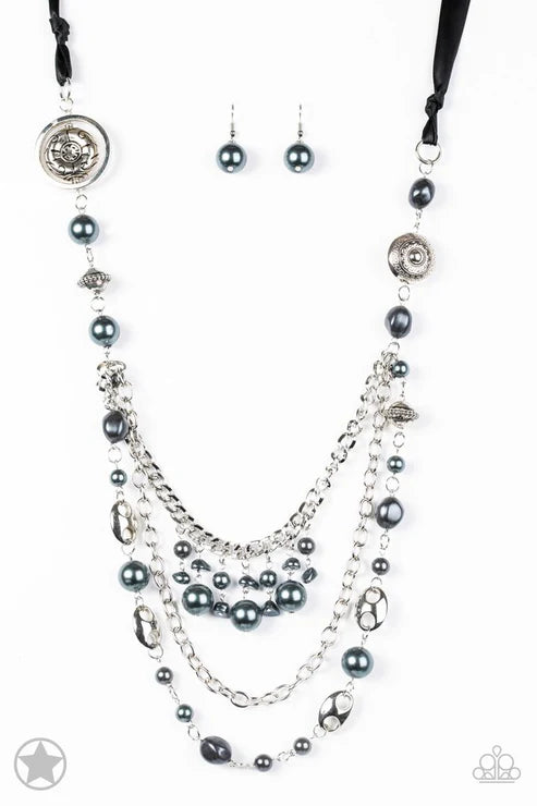 All The Trimmings - Oversized Black Funky Intermix Victorian Silky Pearl Ribbon Necklace N#6596