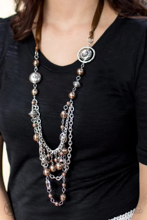 All The Trimmings - Oversized Brown Funky Intermix Victorian Silky Pearl Ribbon Necklace N#5550