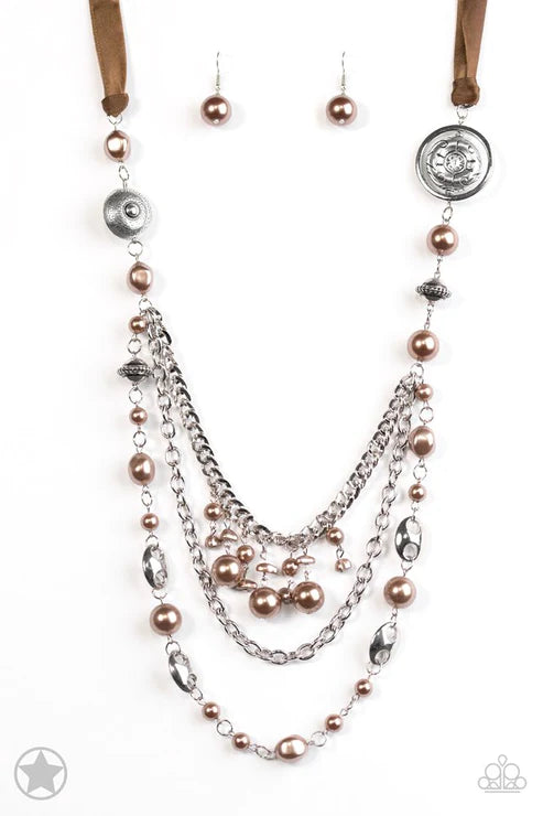 All The Trimmings - Oversized Brown Funky Intermix Victorian Silky Pearl Ribbon Necklace N#5550