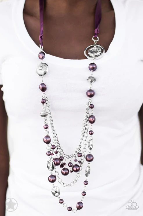 All The Trimmings - Oversized Deep Purple Funky Intermix Victorian Silky Pearl Ribbon Necklace N#5417