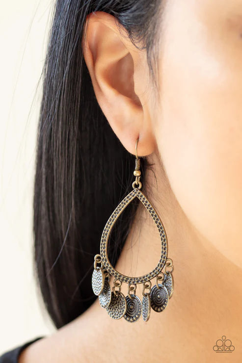 All In Good CHIME - Oversized Brass Studded/Hammered Disc Teardrop Fringe Earrings E#5646