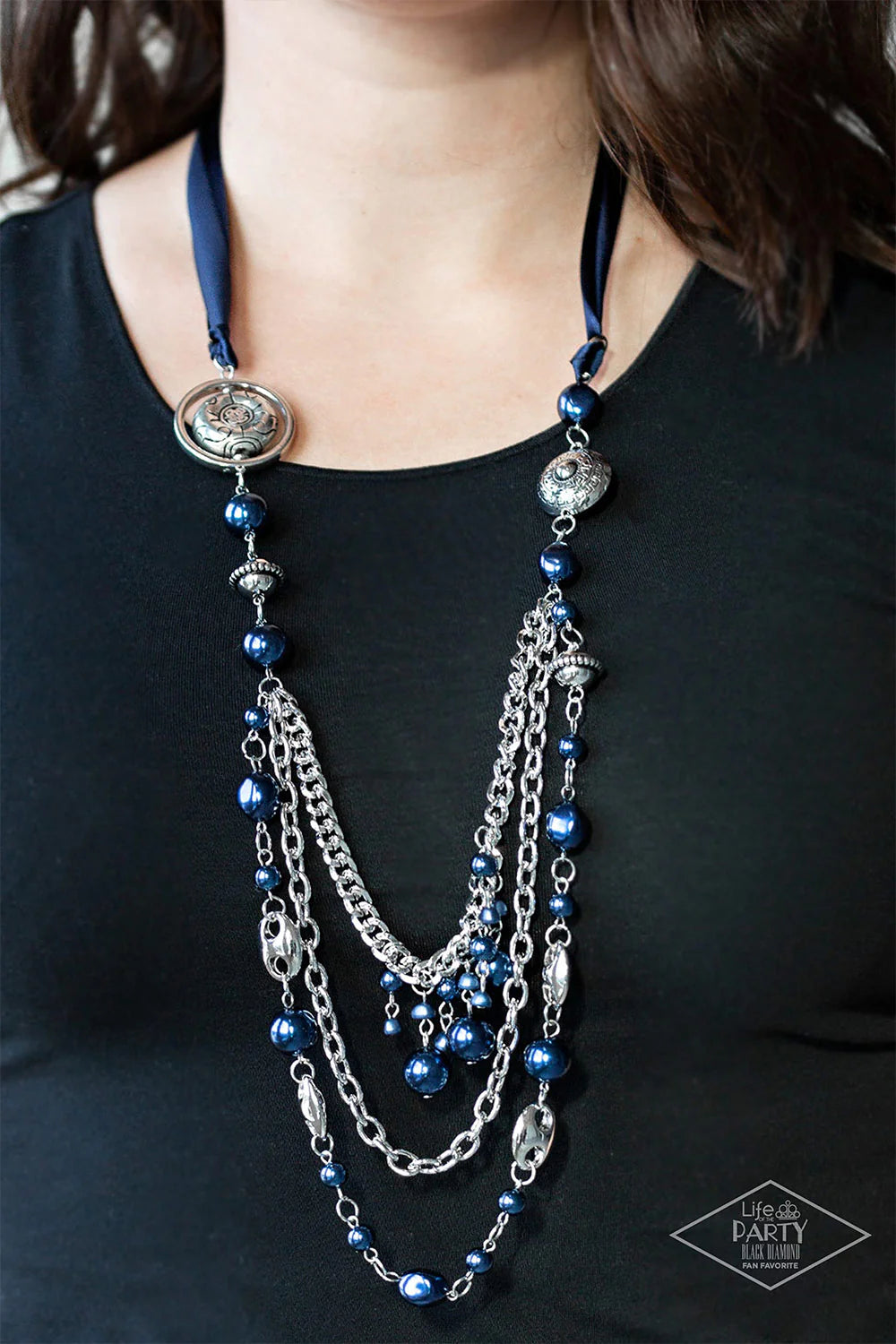 All The Trimmings - Oversized Deep Blue Funky Intermix Victorian Silky Pearl Ribbon Necklace N#7070