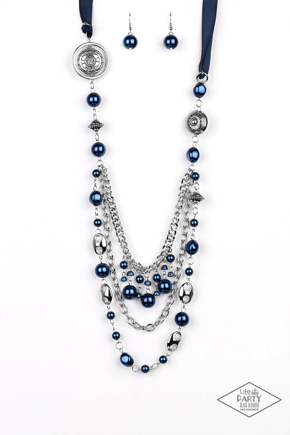 All The Trimmings - Oversized Deep Blue Funky Intermix Victorian Silky Pearl Ribbon Necklace N#7070