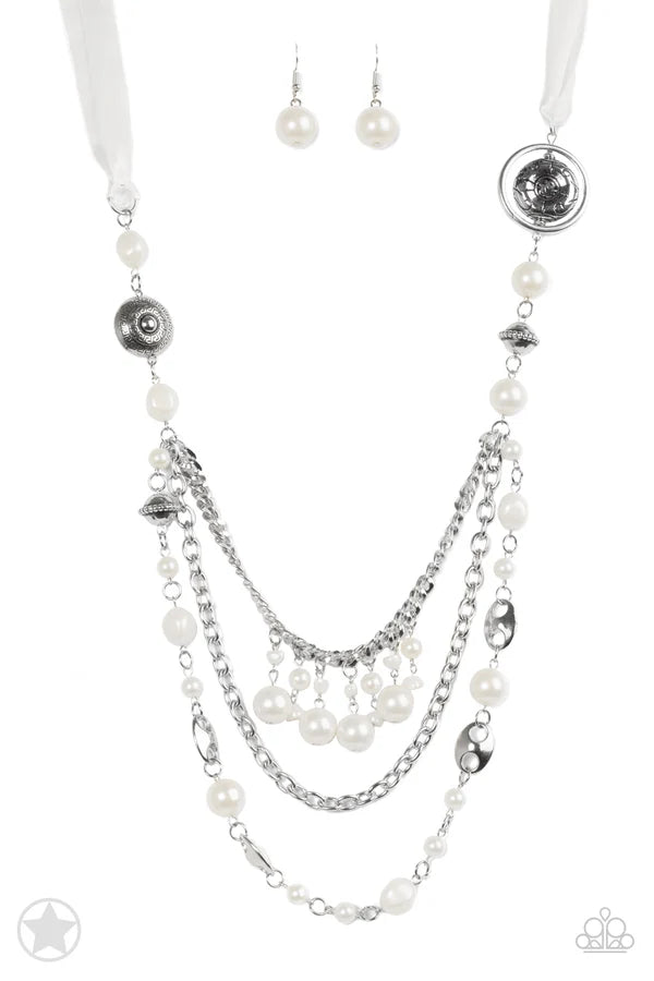 All the Trimmings - Oversized White Funky Intermix Victorian Silky Pearl Ribbon Necklace N#7033