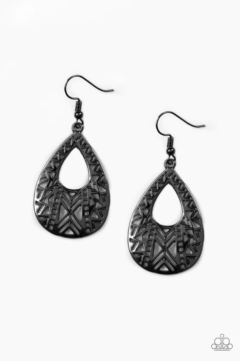 Alpha Amazon - Black Geometric Tribal Teardrop Earrings E#3936
