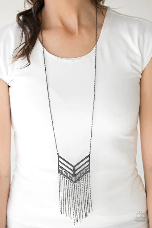 Alpha Attitude - Black Airy Geometric Tapered Tribal Fringe Necklace N#6141