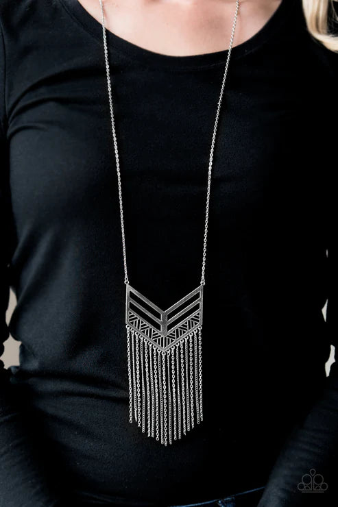 Alpha Attitude - Silver Airy Geometric Tapered Tribal Fringe Necklace N#6551