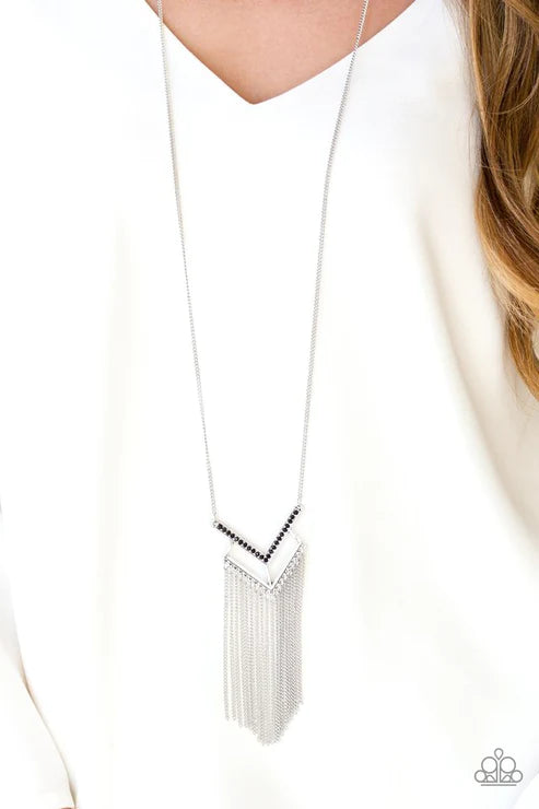 Alpha Glam - Black Airy V-Encrusted Fringe Necklace N#6143