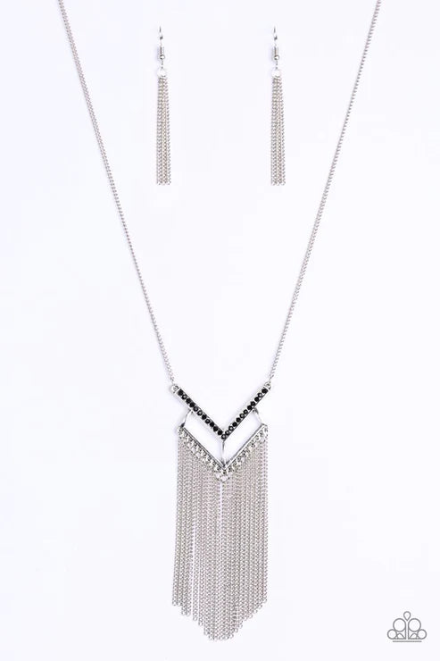 Alpha Glam - Black Airy V-Encrusted Fringe Necklace N#6143