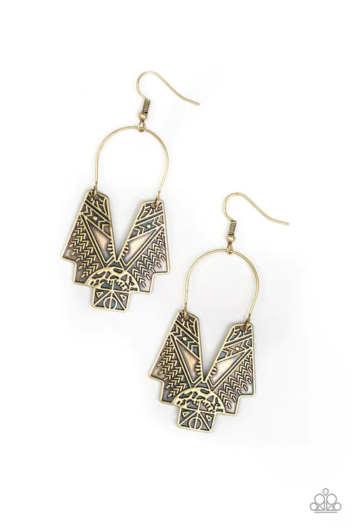 Alternative ARTIFACTS - Oversized Brass Embossed Abstract Geometric Tactile Tribal Earrings E#2986