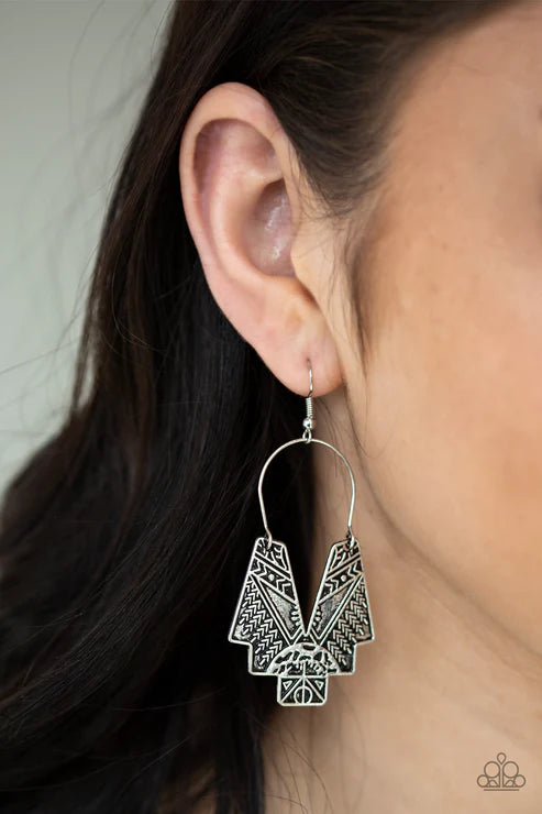 Alternative ARTIFACTS - Oversized Silver Embossed Abstract Geometric Tactile Tribal Earrings E#2999