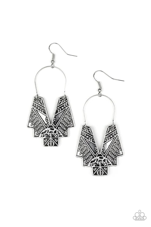 Alternative ARTIFACTS - Oversized Silver Embossed Abstract Geometric Tactile Tribal Earrings E#2999