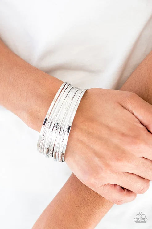 Am I BRIGHT? - Silver Textured Bangle Bracelet Stack B#3520