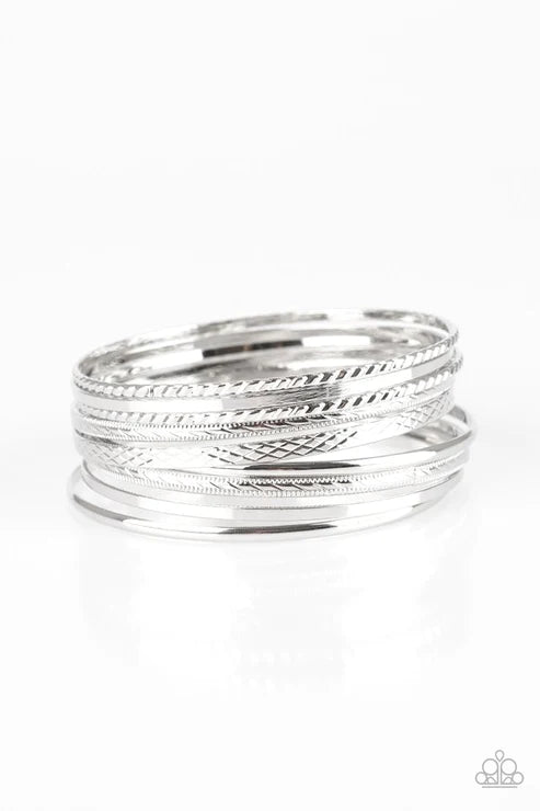 Am I BRIGHT? - Silver Textured Bangle Bracelet Stack B#3520