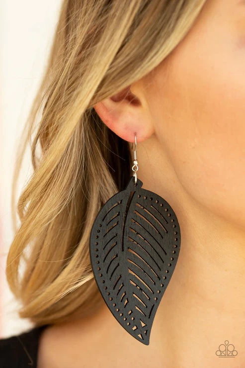 Amazon Zen - Oversized Black 3D Stenciled Wood Leaf Earrings E#2851