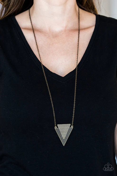 Ancient Arrow - Brass Stamped/Studded Triangular Arrow Indigenous Textured Tribal Necklace N#6144