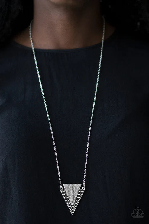 Ancient Arrow - Silver Stamped/Studded Triangular Arrow Indigenous Textured Tribal Necklace N#3864