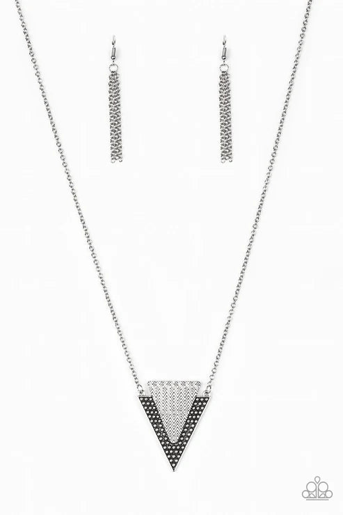 Ancient Arrow - Silver Stamped/Studded Triangular Arrow Indigenous Textured Tribal Necklace N#3864