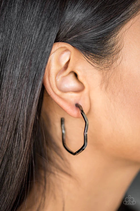 Another Day, Another Slay - Oversized Black Gunmetal Bar Zigzags Edgy Industrial Hoop Earrings E#3756