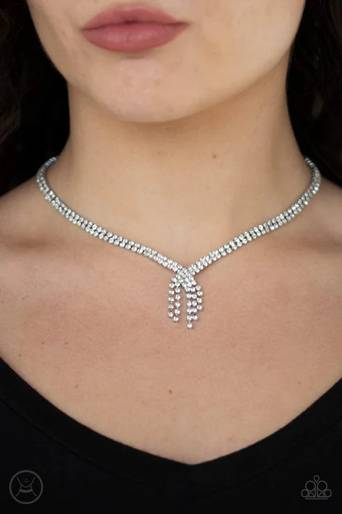 Ante Up - White Asymmetrical Doubled Encrusted Choker Necklace N#2773