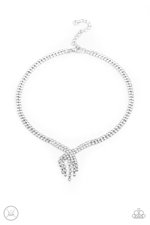 Ante Up - White Asymmetrical Doubled Encrusted Choker Necklace N#2773