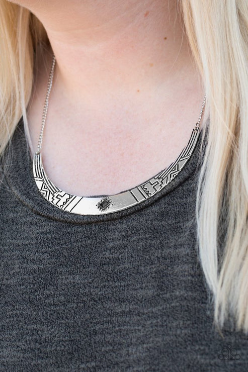 Arizona Adventure - Black Stamped Textile Square Tribal Crescent Necklace N#4541