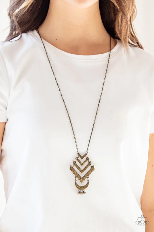 Artisan Edge - Brass Chevron Crescent Stacked Tribal Necklace N#3967