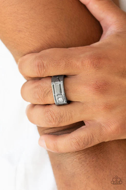 Atlas - Oversized Black Geometric Stamped Rectangular Encrusted Urban Ring R#4693