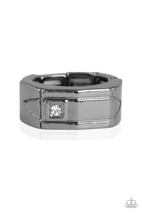 Atlas - Oversized Black Geometric Stamped Rectangular Encrusted Urban Ring R#4693