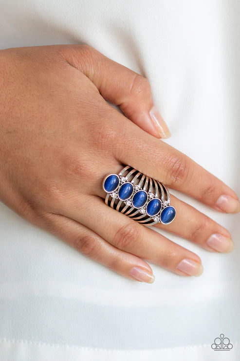 BLING Your Heart Out - Oversized Blue Encrusted Cat's Eye Moonstone Stacked Flare Ring R#5502