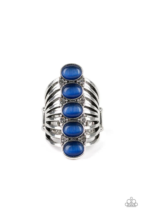 BLING Your Heart Out - Oversized Blue Encrusted Cat's Eye Moonstone Stacked Flare Ring R#5502