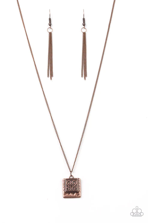 Back To Square One - Copper Hammered Pressed Filigree Necklace N#4525