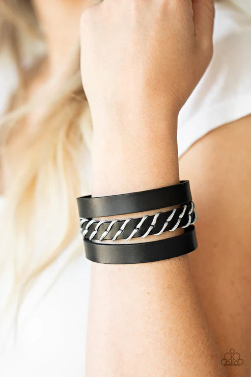 Backroad Bounty - Oversized Black/Gray Spliced Trio Stitched Leather Urban Bracelet B#4656