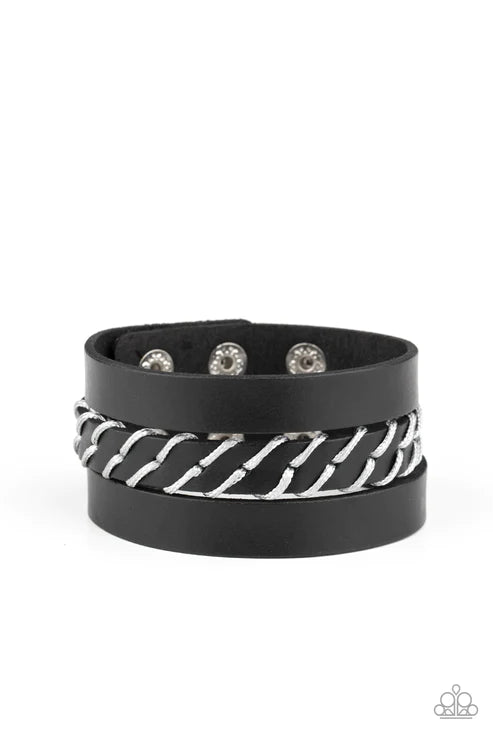 Backroad Bounty - Oversized Black/Gray Spliced Trio Stitched Leather Urban Bracelet B#4656