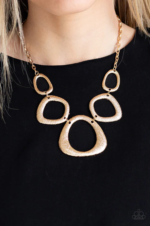 Backstreet Bandit - Gold Asymmetrical Hammered High-Sheen Linked Necklace N#2753