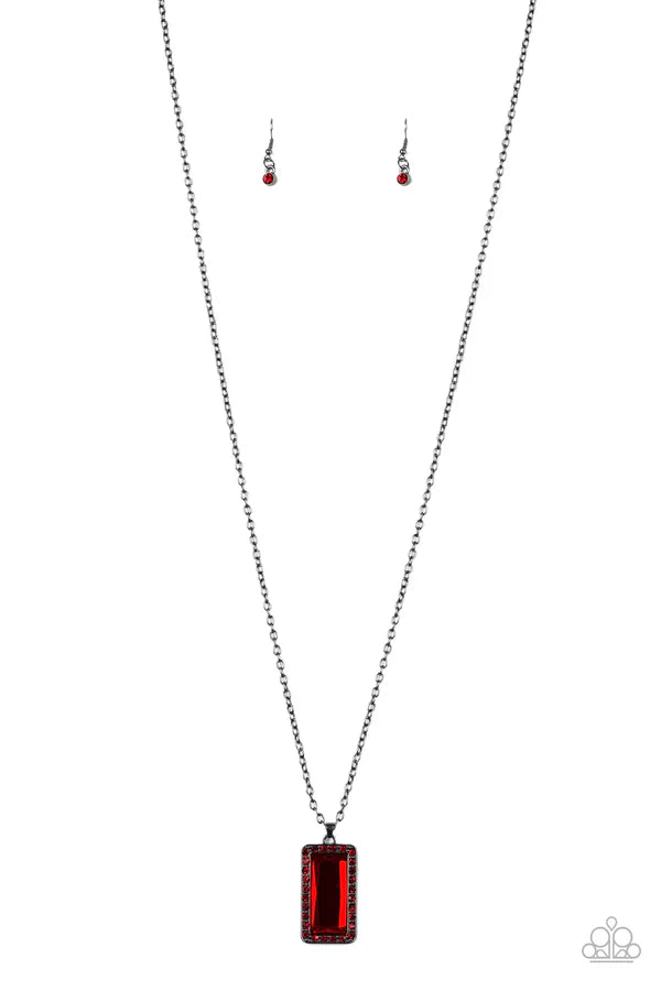 Bada BLING Bada Boom - Red/Gunmetal Faceted Emerald Cut Encrusted Necklace N#7098