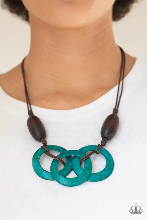 Bahama Drama - Oversized Dramatic Blue/Brown Infused Knotted Distressed Wooden Hoops Adjustable Sliding Knot Closure Necklace N#4896