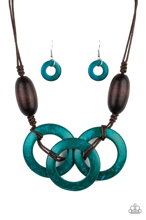 Bahama Drama - Oversized Dramatic Blue/Brown Infused Knotted Distressed Wooden Hoops Adjustable Sliding Knot Closure Necklace N#4896