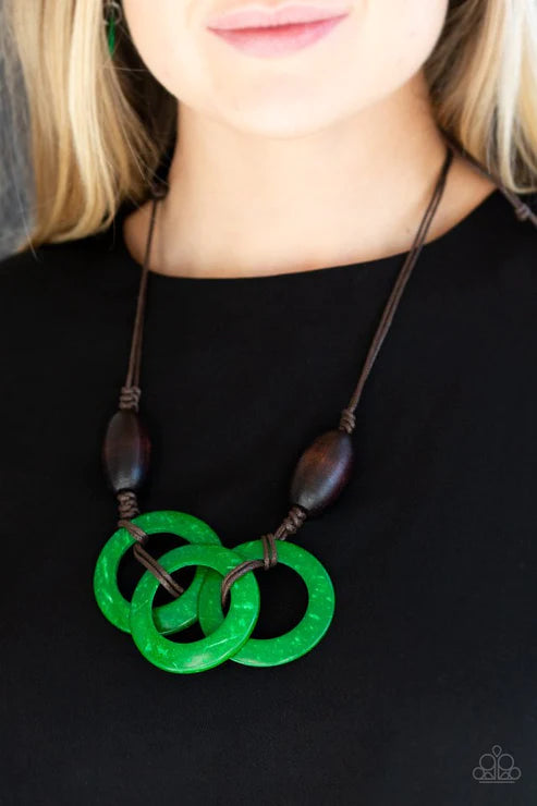 Bahama Drama - Oversized Dramatic Green/Brown Infused Knotted Distressed Wooden Hoops Adjustable Sliding Knot Closure Necklace N#4876