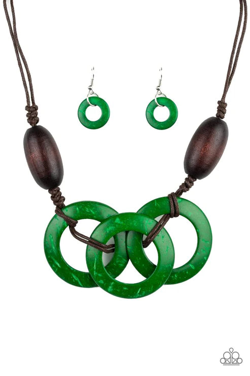 Bahama Drama - Oversized Dramatic Green/Brown Infused Knotted Distressed Wooden Hoops Adjustable Sliding Knot Closure Necklace N#4876