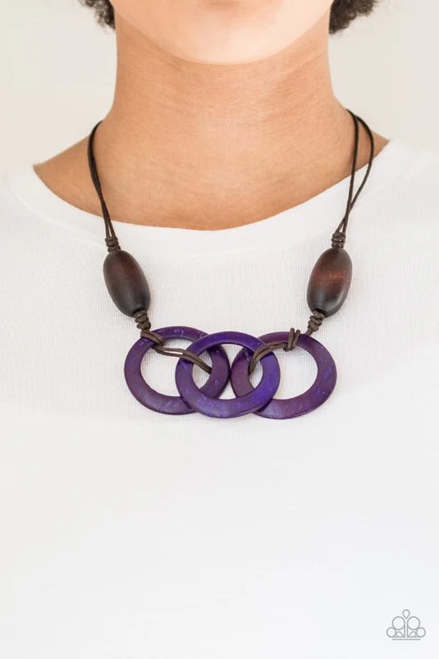 Bahama Drama - Oversized Dramatic Purple/Brown Infused Knotted Distressed Wooden Hoops Adjustable Sliding Knot Closure Necklace N#7266