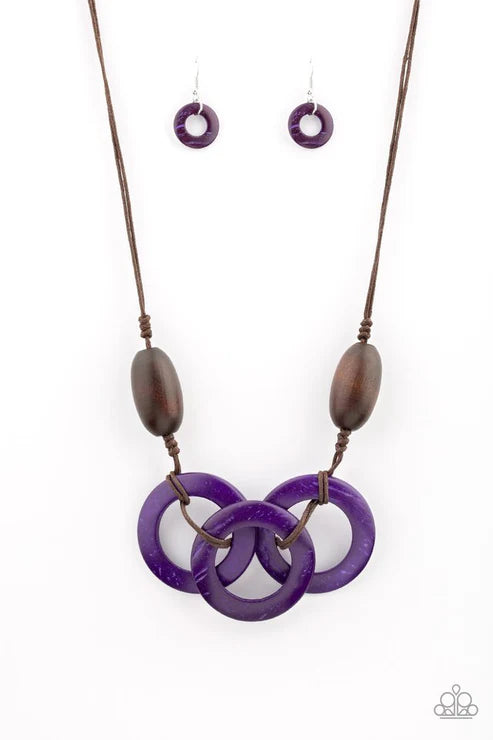 Bahama Drama - Oversized Dramatic Purple/Brown Infused Knotted Distressed Wooden Hoops Adjustable Sliding Knot Closure Necklace N#7266