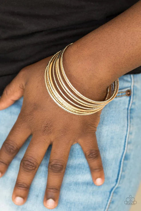 Bangle Babe - Multi (Gold/Silver) Smooth/Shimmery Diamond-Cut Textures Mismatched Bangle Bracelet Stack B#7274