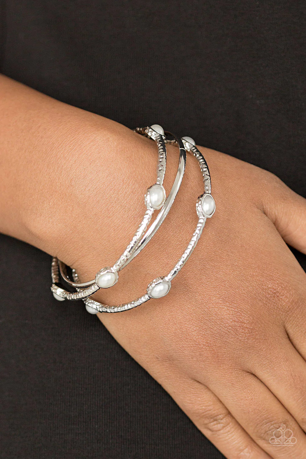 Bangle Belle - White Pearl Encrusted Hammered Shimmer Bangle Bracelet Stack B#7061
