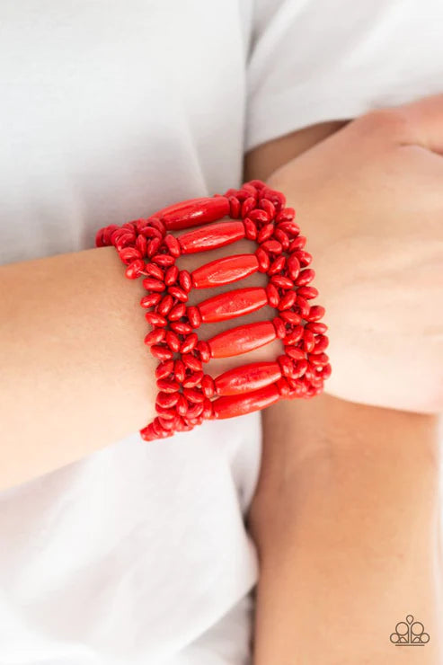 Barbados Beach Club - Oversized Red Tropical Coalescing Distressed Wood Bracelet B#4874