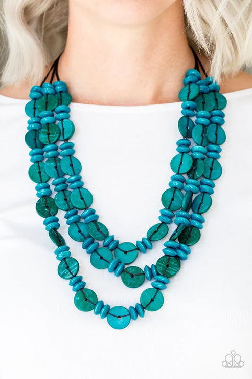 Barbados Bopper - Oversized Blue Distressed Wood Discs Button Loop Closure Necklace N#4886