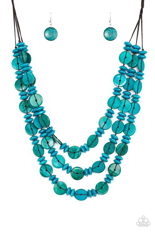 Barbados Bopper - Oversized Blue Distressed Wood Discs Button Loop Closure Necklace N#4886