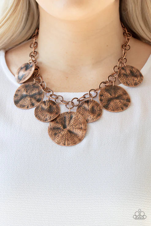 Barely Scratched The Surface - Oversized Copper Scratched Shimmer Warped Disc Fringe Necklace N#2916